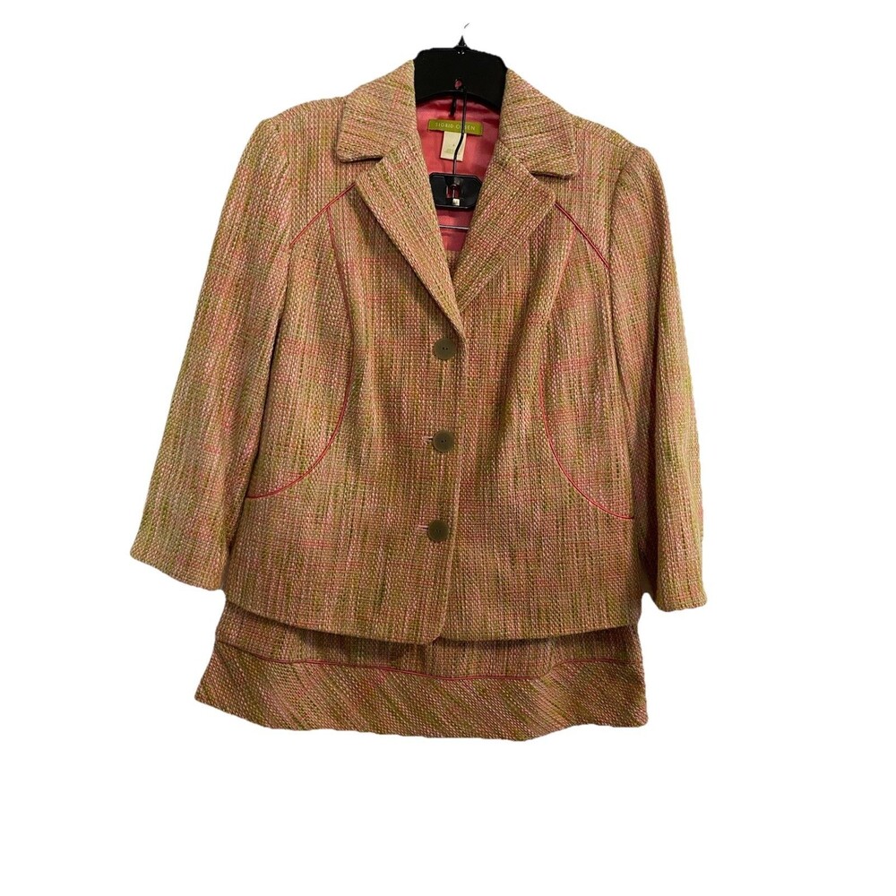Sigrid Olsen Women's 2 Pc Pink Green Cotton Tweed Skirt Matching Blazer Sz 6 C